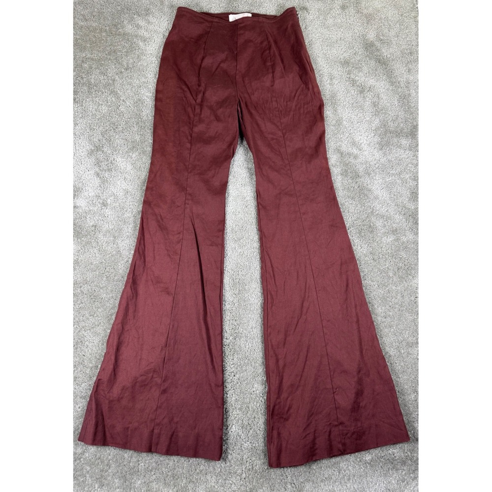 Anthropologie Burgundy Linen Blend Flare Leg Pants Side Zip Wine Red Size 0